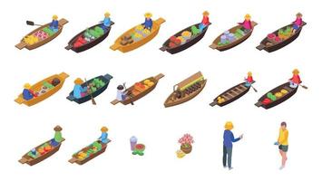 Floating market icons set, isometric style vector