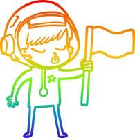 línea de gradiente de arco iris dibujo dibujos animados bonita astronauta chica plantando bandera vector
