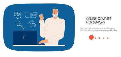 An elderly man is studying online. Landing page. Vector illustration in a flat style.