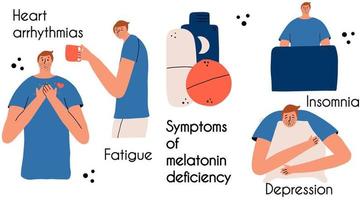 el hombre es deficiente en melatonina. síntomas del trastorno del sueño. ilustración vectorial en estilo plano vector