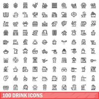 100 drink icons set, outline style vector