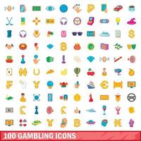 100 gambling icons set, cartoon style vector
