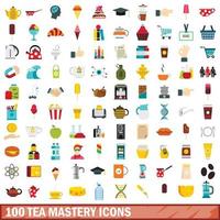 100 tea mastery icons set, flat style