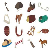Horse sport equipment icons set, isometric style vector