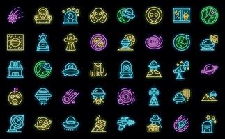 Space aliens icons set outline vector. Rocket spaceship vector neon