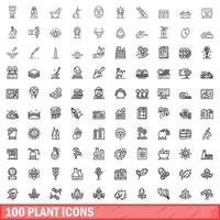 100 plant icons set, outline style vector