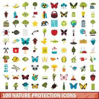 100 iconos de protección de la naturaleza, estilo plano vector