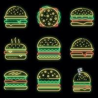 hamburguesa, iconos, conjunto, vector, neón vector