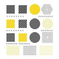 Vector memphis set, collection of flat design elements, circles, pluses, arrows, triangles, patterns set, squares. Vintage memphis elements.