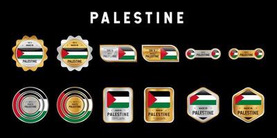 Made in Palestine Label, Stamp, Badge, or Logo. With The National Flag of Palestine. On platinum, gold, and silver colors. Premium and Luxury Emblem