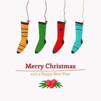 Christmas colorful socks. greeting inscription and mistletoe with red berries. Festive cartoon card. Vector illustration, flat