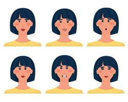 Set of brunette avatars with different facial expressions. Cute cartoon female character. Smile, disappointment, surprise, tears, anger, sad. Vector illustration isolated on white background, flat