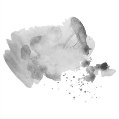 Gray watercolor spot with droplets, smudges, stains, splashes. Grayscale blot in grunge style.
