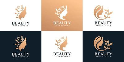 Set of beauty golden woman face with nature spa fashion boutique concept vector