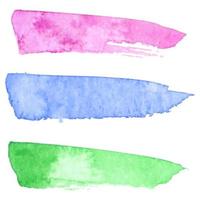 Set of three colorful vector paper banners labels tags with brush stroke hand painted watercolor stains background.