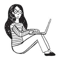 Girl sitting on the floor with laptop. Doodle style illustration vector