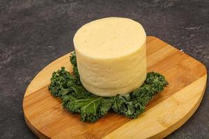 Yellow round dairy soft cheese photo