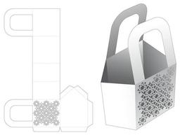 Handle chamfered bag with stenciled pattern die cut template and 3D mockup vector