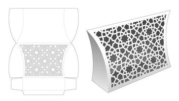 Stenciled pattern pillow box die cut template and 3D mockup vector