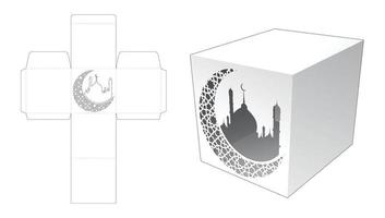 Packaging box with stenciled Ramadan pattern die cut template and 3D mockup vector