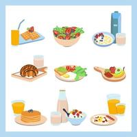 Healthy Breakfast Dish Set, Classic Menu with Muesli, Oatmeal, Smoothie, Pancakes, Fruits, Milk, Vegetable, bread, juices, and Berries. Vector Illustration.