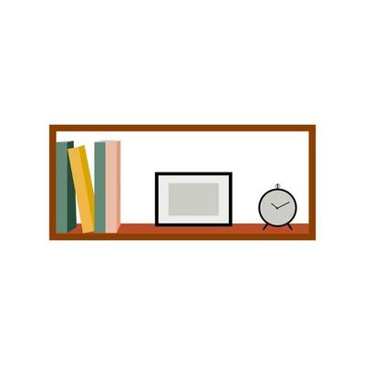 bookshelves on the wall with alarm clock, poster on a white background. vector illustration