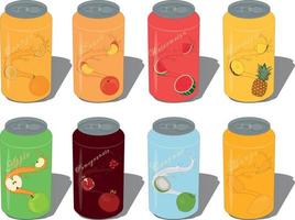 Soft drinks, fruit juice collection in aluminium drink cans vector illustration