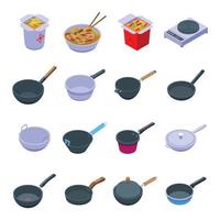 conjunto de iconos de sartén wok, estilo isométrico