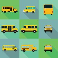 autobús escolar atrás niños conjunto de iconos, estilo plano vector