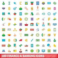 100 finanzas y banca, conjunto de iconos de estilo de dibujos animados vector