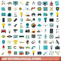 100 technological icons set, flat style vector