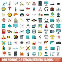 100 robotics engineering icons set, flat style vector