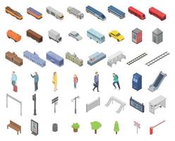 Railway station icons set, isometric style vector