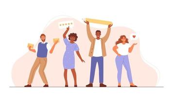 Group of diversity people rating customer experience, writing review, putting likes, leaving feedback. Happy clients giving positive feedback to product and service quality. Flat vector illustration.