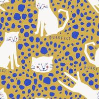 Cartoon cat and others abstract object seamless vector pattern isolated on yellow backdrop.