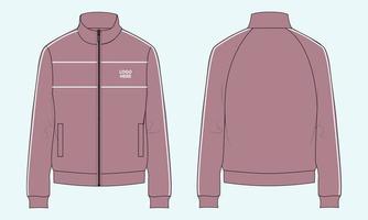 Long sleeve Fleece jacket with zipper technical fashion sketch vector template front and back view.