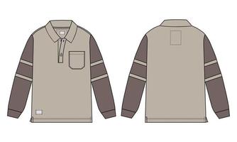 Long sleeve polo shirt Technical fashion flat sketch vector illustration Khaki Color template