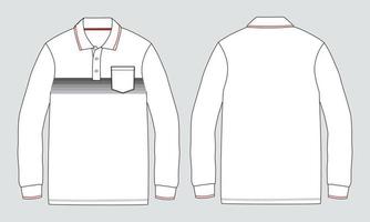 Long sleeve Polo shirt With pocket technical fashion flat sketch vector Illustration Mock up template front and Back views isolated on white Background.