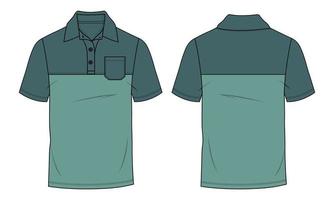 Short Sleeve Polo shirt with Chest Cut and sew technical fashion flat sketch vector template front and back views. Pique cotton jersey dress design mock up illustration.