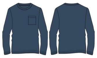 Long sleeve t shirt technical fashion flat sketch vector illustration navy blue Color template