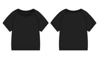 Raglan Short sleeve T shirt Technical fashion flat sketch vector illustration black Color template for baby boys