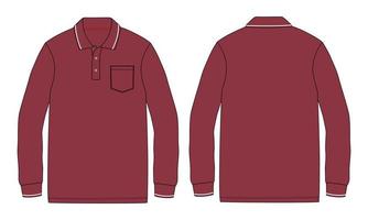 Long sleeve Polo shirt With pocket technical fashion flat sketch vector Illustration Red Color Mock up template front and Back views isolated on white Background.