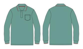 Long sleeve Polo shirt With pocket technical fashion flat sketch vector Illustration Green Color Mock up template front and Back views isolated on white Background.