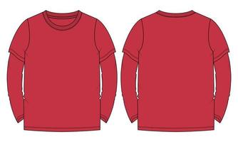 Long sleeve t shirt technical fashion flat sketch  vector illustration Red Color Template