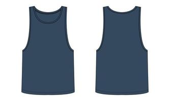 Tank top technical fashion flat sketch vector illustration Navy blue color template front and back view isolated on white background.