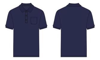 Short sleeve polo shirt Technical fashion flat sketch vector illustration navy Color template
