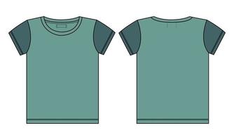 Two tone Color Short sleeve t shirt technical fashion flat sketch vector illustration green Color template for ladies and baby girls