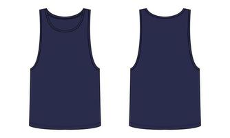 Tank top technical fashion flat sketch vector illustration Navy color template front and back view isolated on white background.