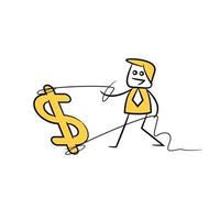 businessman pulling dollar sign yellow stick figure illustration vector