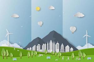 Save nature and environment conservation concept with eco city on paper art background vector